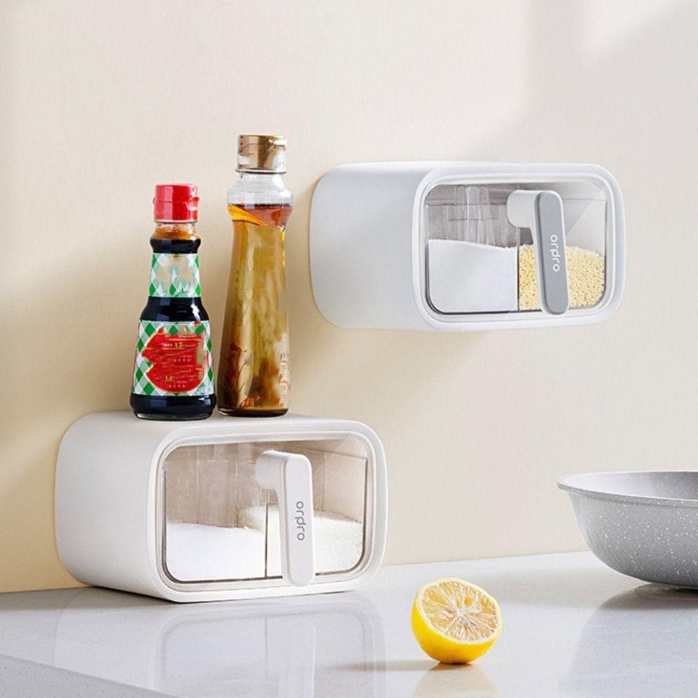 Wall Mount Seasoning Storage Box with Spoon Seasoning Container Spice Rack Kitchen Supplies