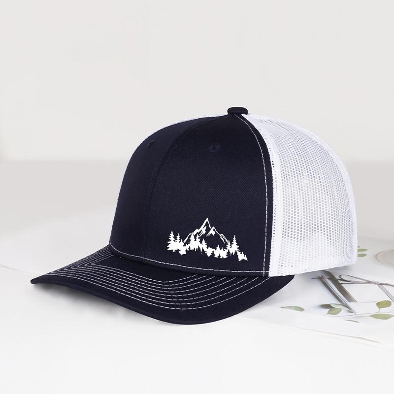 Mountain & Pine Tree Print Trucker Hat Adjustable Unisex Mesh Outdoor Hiking Sun Hat