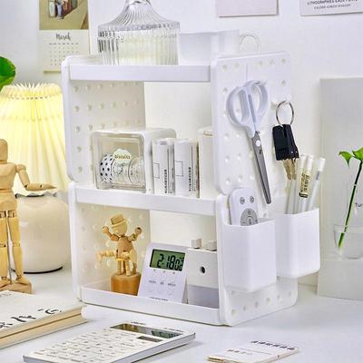 MUJI Style Desktop Double-Layer Storage Rack with Pegboard Hooks & Pen Holder