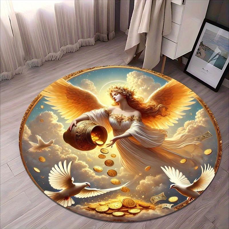 

Angel and Dove Gold Coins Flannel-printed round floor mats are slip-resistant Suitable for living bedroom terrace garden carpets 60cm