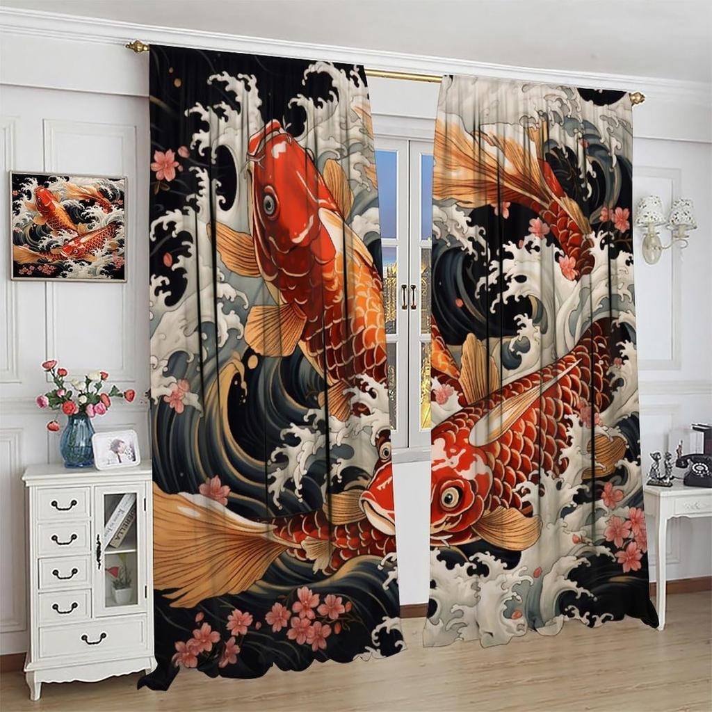 Japanese Koi Fish Curtain Petal Wave Asian Carp Art Style Living Room Bedroom Kitchen With Rod Pocket Polyester Ideal For Sitting