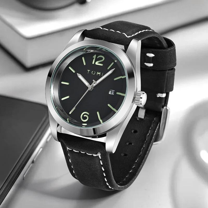 Luxury Men's Leather Strap Watch Round Dial Quartz Watch Casual Minimalist Watch Men's Clock Gift