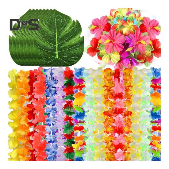 70 Pcs Hawaiian Leis Luau Party Decoration Artificial Tropical Palm Leaves Hibiscus Flowers Hula Dance Party Favors for Summer Beach Pool Party