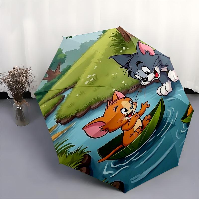 1pc Tom, Jerry Automatic Folding Umbrella - Compact 8-Rib Design, Durable Plastic & Iron1282L