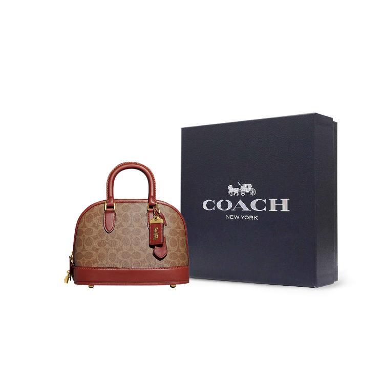 COACH Revel Artificial Leather Dome Bag, Shoulder Bag, Crossbody Bag, Handbag Medium Women's Brown & Yellow & Rusty Red CC414-B4NQ4