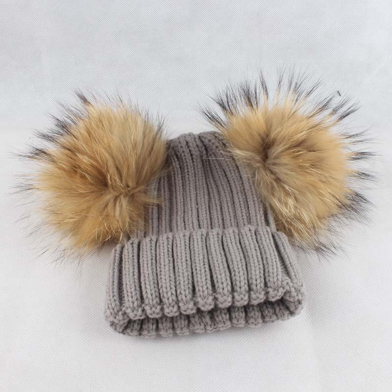 Kids Knitted Beanie Hat With Double Pom Poms Striped Ribbed Cuffed Winter Warm Boys Girls