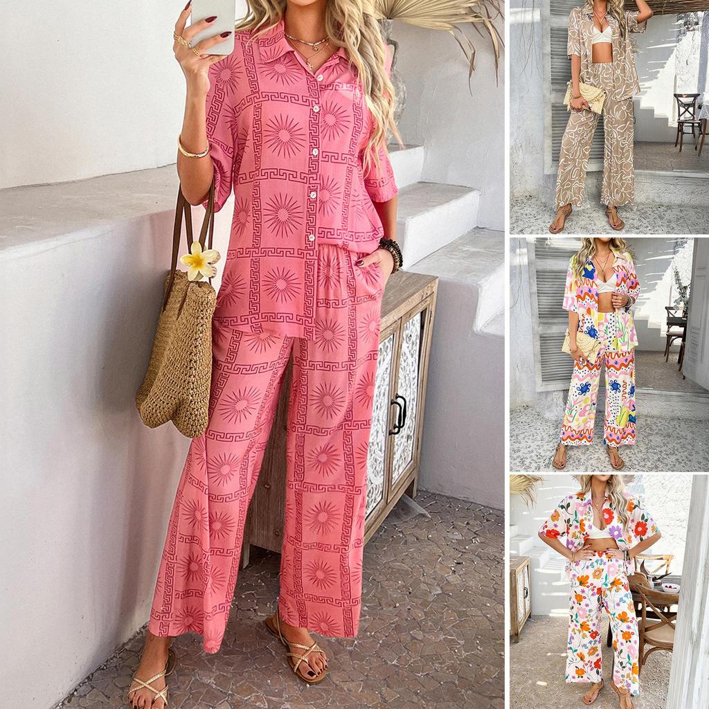 Frühling/Sommer Casual Urlaub Stil Geometrisch Kontrast Strickjacke Kurzarm Weites Bein Hosen Set