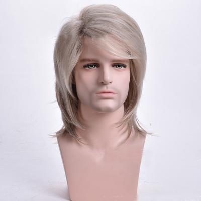 Perruques pour hommes bouclées synthétiques dégradées longueur épaule cheveux masculins blond clair perruque pour hommes avec frange fibre résistante à la chaleur