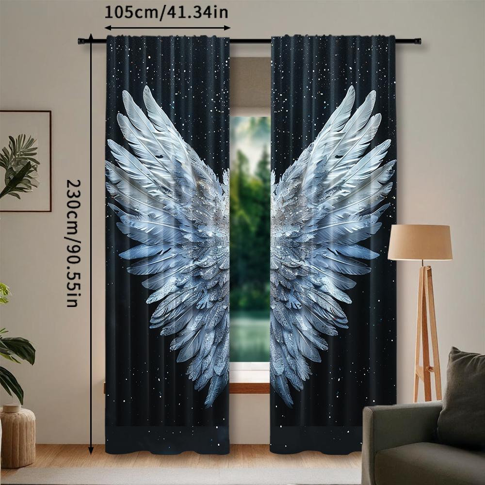 2pcs Angel Wings & Stars Black Curtains - Rod Pocket   Digital Print Polyester Drapes for Living Room   Bedroom   Kitchen   Study   D