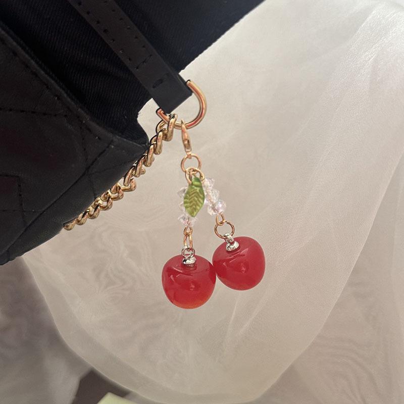 3D Red Cherry Keychain Glossy Sparkly Crystal Beads Gold Clasp Lovely Backpack Charm for Teen Girls