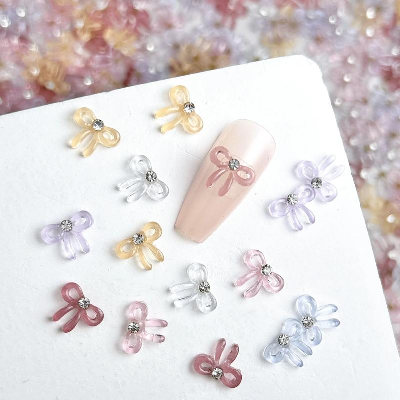 10PCS Solid Color Minimalist Bows Nail Charms Translucent Jelly Bowknots Mini Rhinestones Inlaid Nail Art Decorations for DIY
