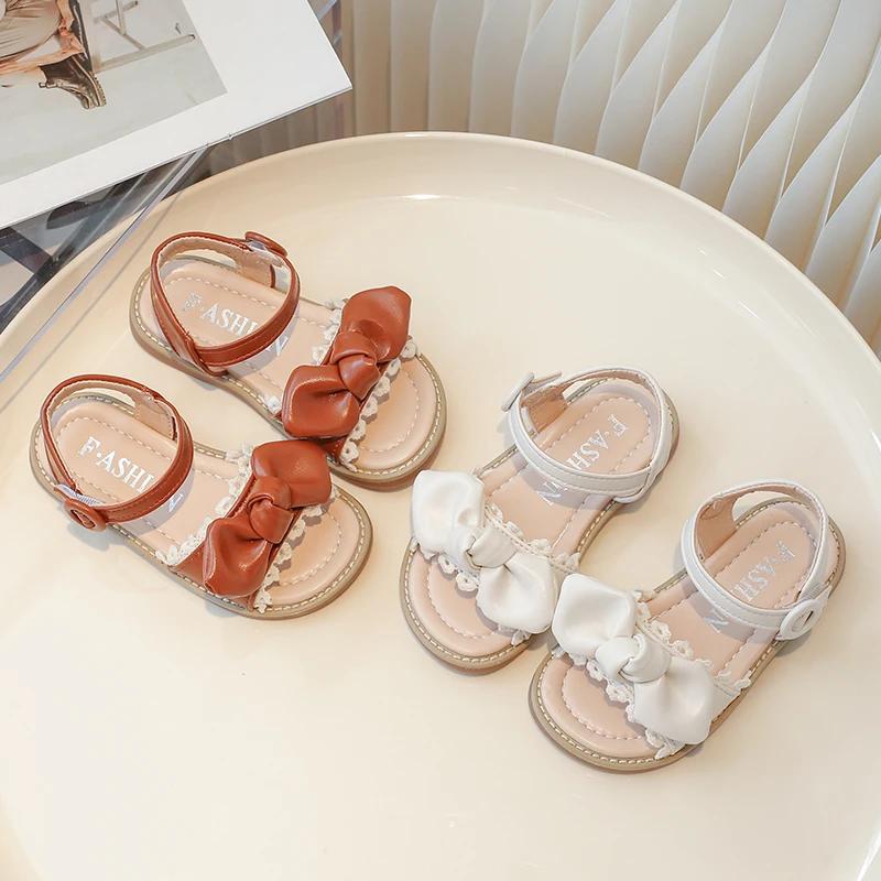 2024 Children Sandals for Girl Summer New Fashion Sweet Bowtie Soft Comfortable Chic Anti-slippery Flats Outside Cool Beach Shoe