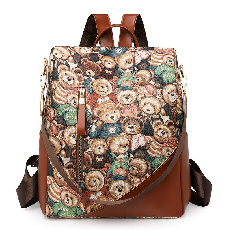 

Жіночий рюкзак із принтом ведмедя, м’яка шкіряна дорожня сумка для комп’ютера великої місткості коричневий