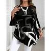 Haut long pour femme Printemps et Automne Design Imprimé Irrégulier Manches Mi-longues Ourlet Desserré Coupe Ample Col Rond Fin