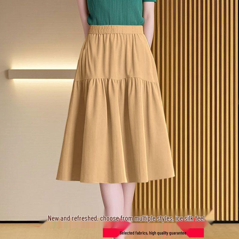 Women's A-Line Elastic Waist Skirt - Three-Quarter Length, Solid Color, Spring/Summer/Autumn Styles Available