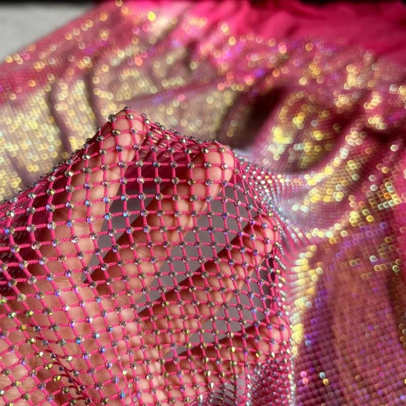 Luxury AB Color High Gloss Elastic Diamond Mesh Fabric Sewn with Satin Belt Mesh Lace Fabric DIY Dress Clothing High-end Fabrics