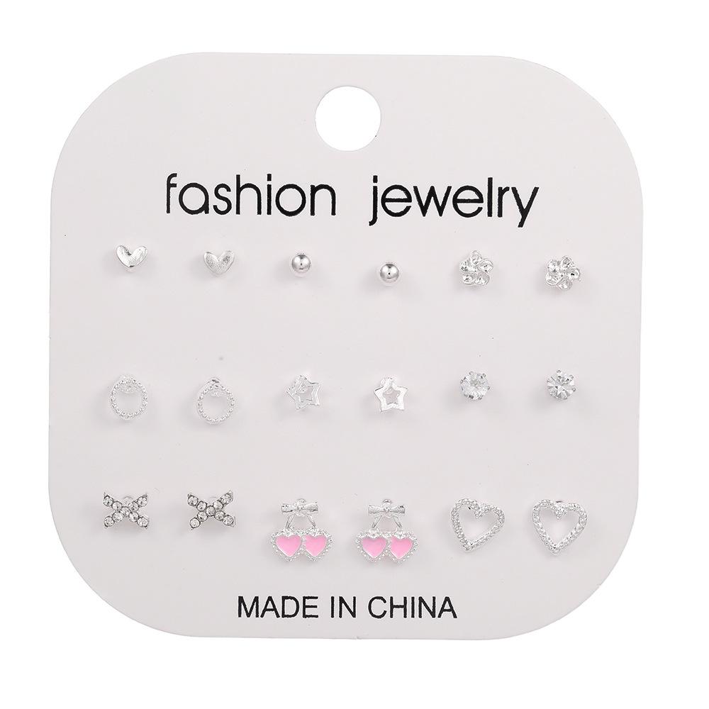 Versatile geometric love stud earrings set, women's high sense 9-piece set, European and American new ins exquisite fashion earrings