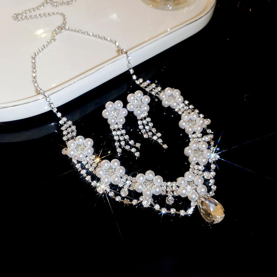 Diamond-set flower water drop pearl necklace stud earrings court style jewelry set elegant temperament jewelry