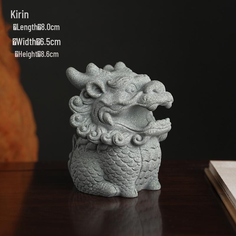 Qilin Green Sandstone Lion Statue Pen Holder Creative Desk Ornament