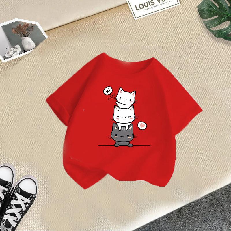 Children T-shirt Cute Cat Printed Kids 100% Cotton Clothes Tops 2-13Y Loose-fit Casual  O-Neck Short-sleeve T-shirt