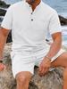Men's Plus Size Waffle Henley Shirt & Shorts Set - Solid Color, Breathable, Casual.