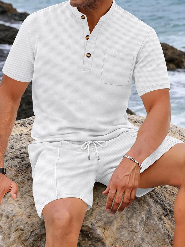 Men's Plus Size Waffle Henley Shirt & Shorts Set - Solid Color, Breathable, Casual.