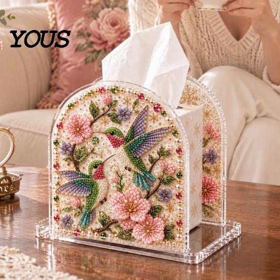 Decorative Tabletop Tissue Dispenser DIY Christmas Faux Pearl Art Painting Box Holder, 3D Rhinestone Beads Square Cover Gem Holder for Winter
