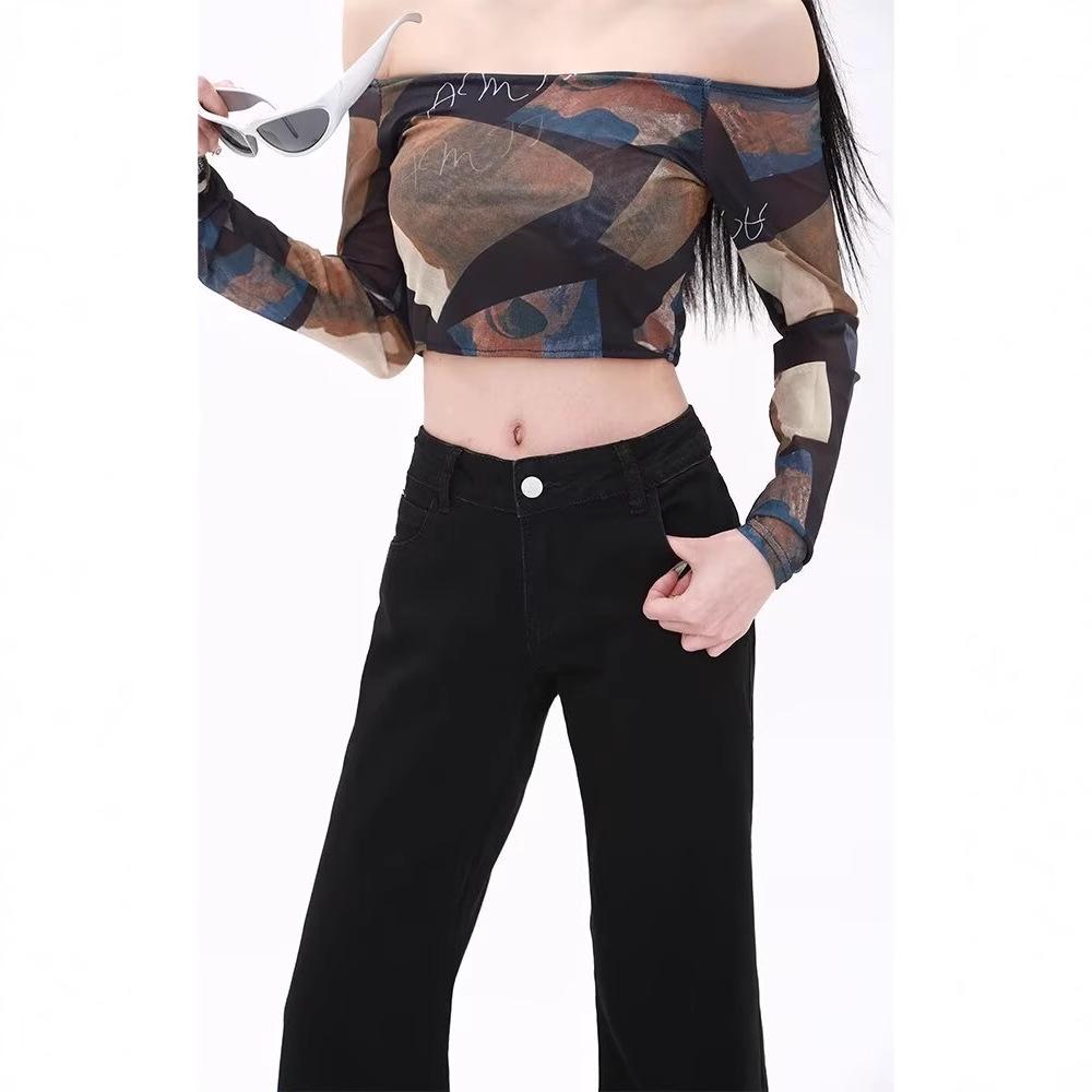 American Low-Waisted Slimming Black Flare Jeans - Cute Casual Wide Leg Duster Pants