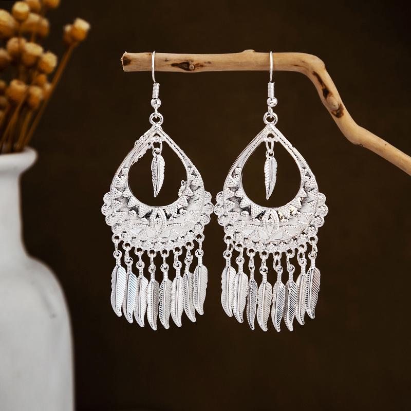 Imitation Miao Silver Ethnic Long Leaf Tassel Dangle Earrings