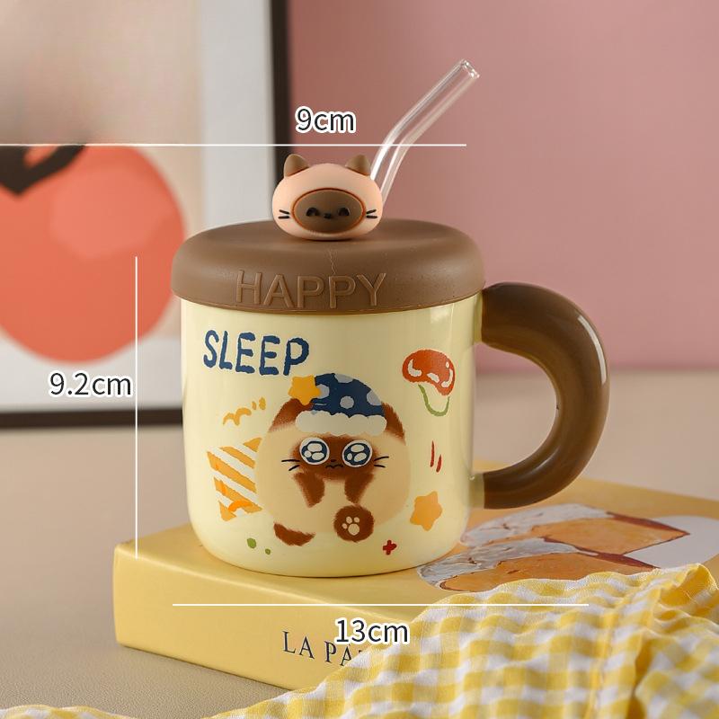 Kitten Couple Ceramic Mug with Lid Cup with Straw Water Cup Female Office Worker Cute Student Drinking Water for Home Use