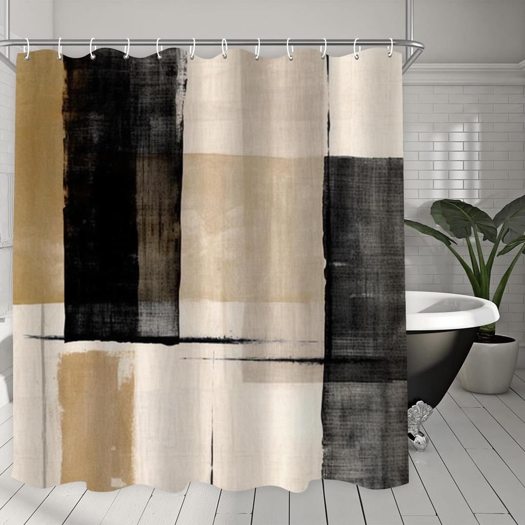Abstract Simple Modern Shower Curtain Set Dark Brown Neutral Modern Brushstroke Art Waterproof Bathroom Curtain With Hook