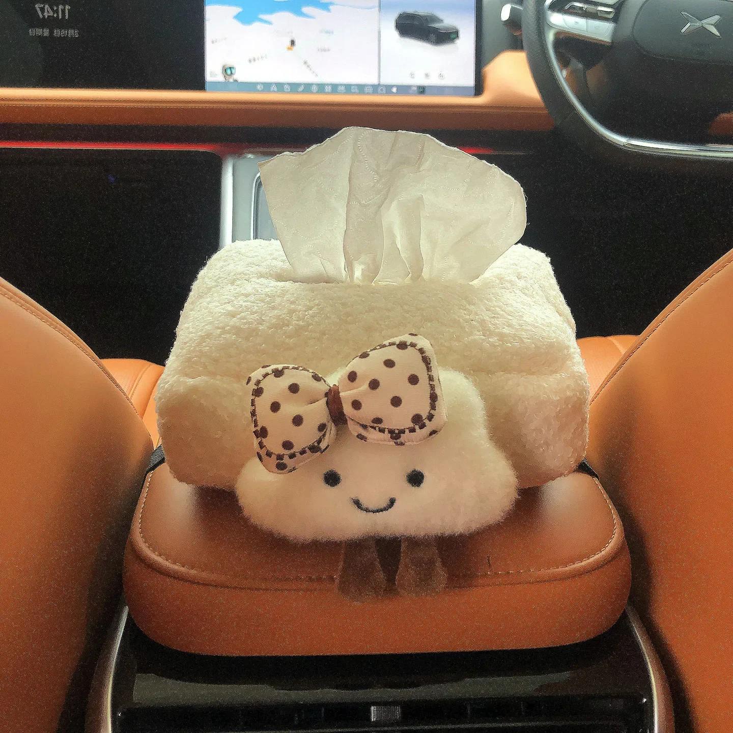 

1 Pack Adorable Plush Cloud Car Tissue Holder Bow Knit Hat Car Headrest Tissue Box for Women Girls Auto Interior Decor