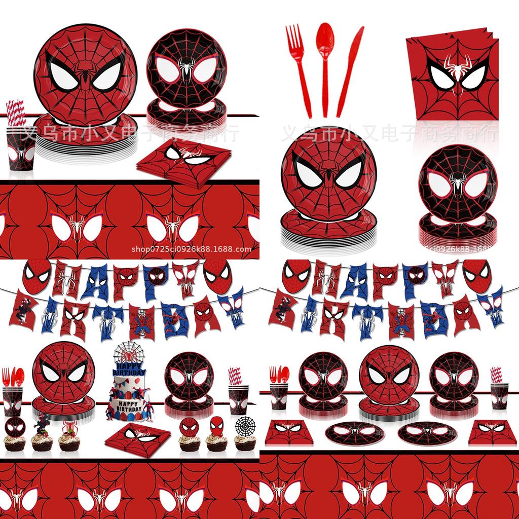 Spiderman Themed Birthday Party Supplies Set Red Masks Paper Plates Cups Napkins And Cutlery