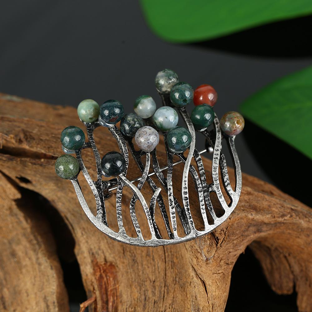 Retro brož z přírodního achátu, špičkový klasický temperament, literární a všestranná rostlinná jehlice, kabát, kardigan, korsážové doplňky