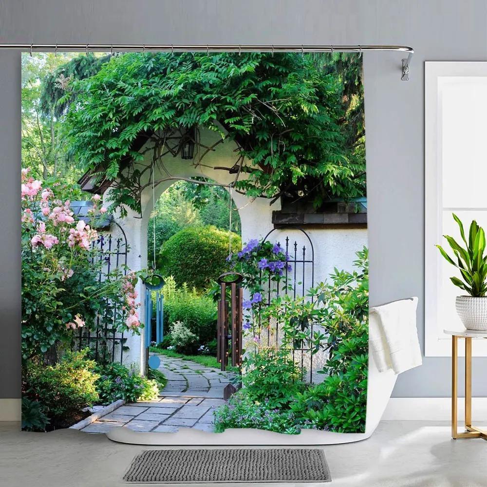 Old Door With Flowers In Verona Italy Shower Curtain Outdoor Street Garden Landscape Polyester Shower Curtains Bathroom Decor