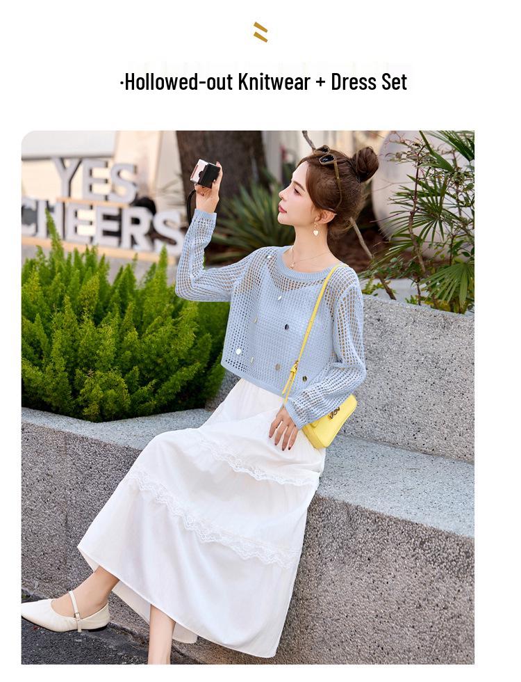 2025 Summer Women's White Sunscreen Spaghetti Strap Two-Piece Dress Set - Petite Slimming Fit (YF2563)