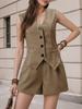 Women's Solid Color Sleeveless Blazer Vest and High Waisted Shorts Set V Neck Button Front Pocket Design