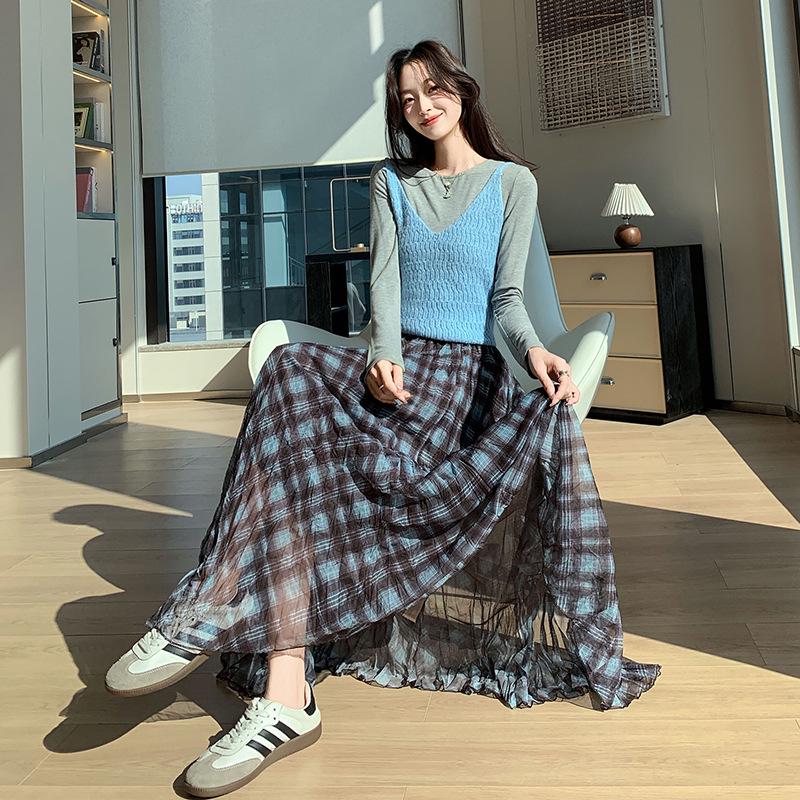 Women's Retro Plaid A-line Skirt: 2026 Spring Mid-length, Irregular Hem