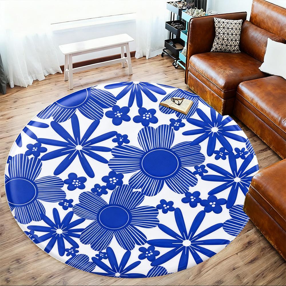 1pc Floral Pattern Blue Round Chair mat office Area Rug - Non-Slip, Floor Mat for Office, Bedroom, Ideal home decor gift p0105063
