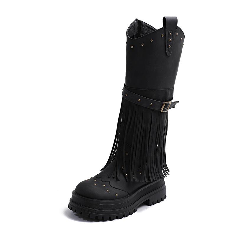 European and American Retro Style Fringed Boots 2025 Autumn and Winter New Rivet Belt Buckle High Boots Fashionable Versatile Knight Boots