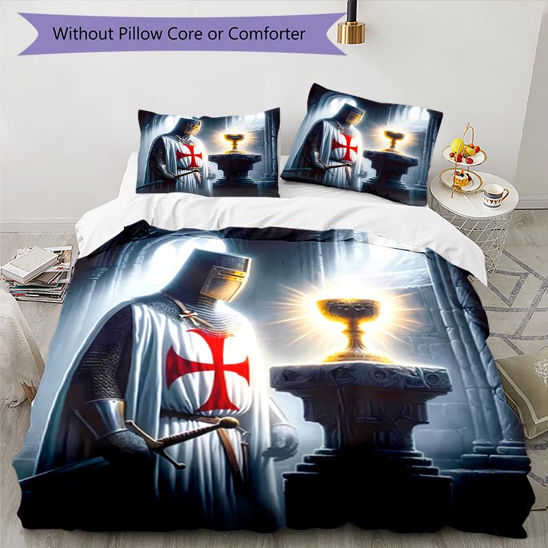 3pcs Knights Templar1 Pattern Bedding Set Duvet Cover Set Includes Duvet Cover &pillowcases, Perfect All Season Bedroom Decoration & Gift