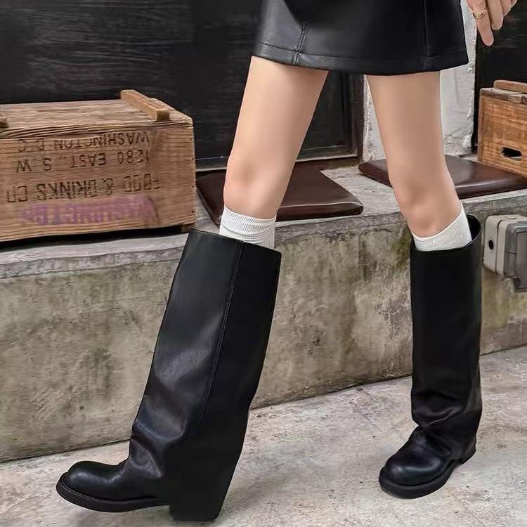 Cowhide Version Retro Platform High Tube Leather Boots Fat Mm Big Tube Circumference Round Head Thick Heel Trouser Tube Boots Women's Western Boots