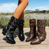 Punk Style Buckle Strap Motorcycle Boots Women Pointed Toe Chunky Heel Mid Calf Boots Woman Retro Pu Leather Knight Botas Mujer