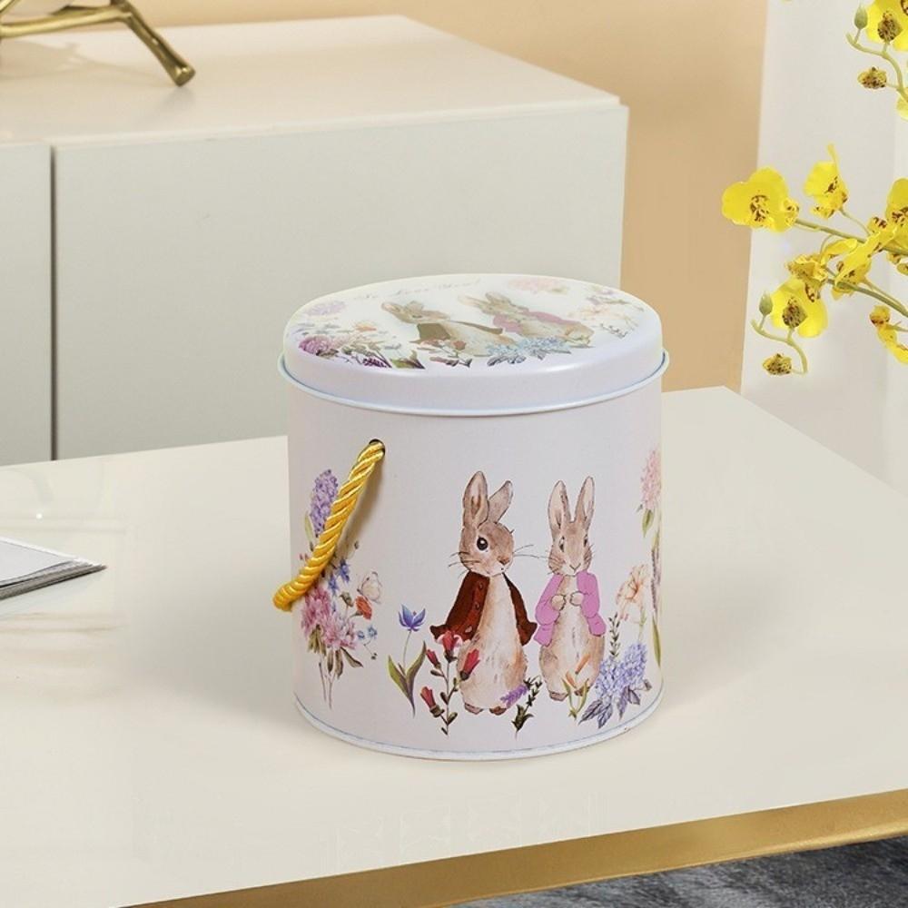 Rabbit Printed Tin Storage Box with Handle Storage Can Portable Tinplate Candy Box  Party