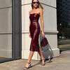 Women's Autumn Sexy Off-Shoulder Dress PU Leather Solid Color Temperament Skirt with Slit Slim Fit