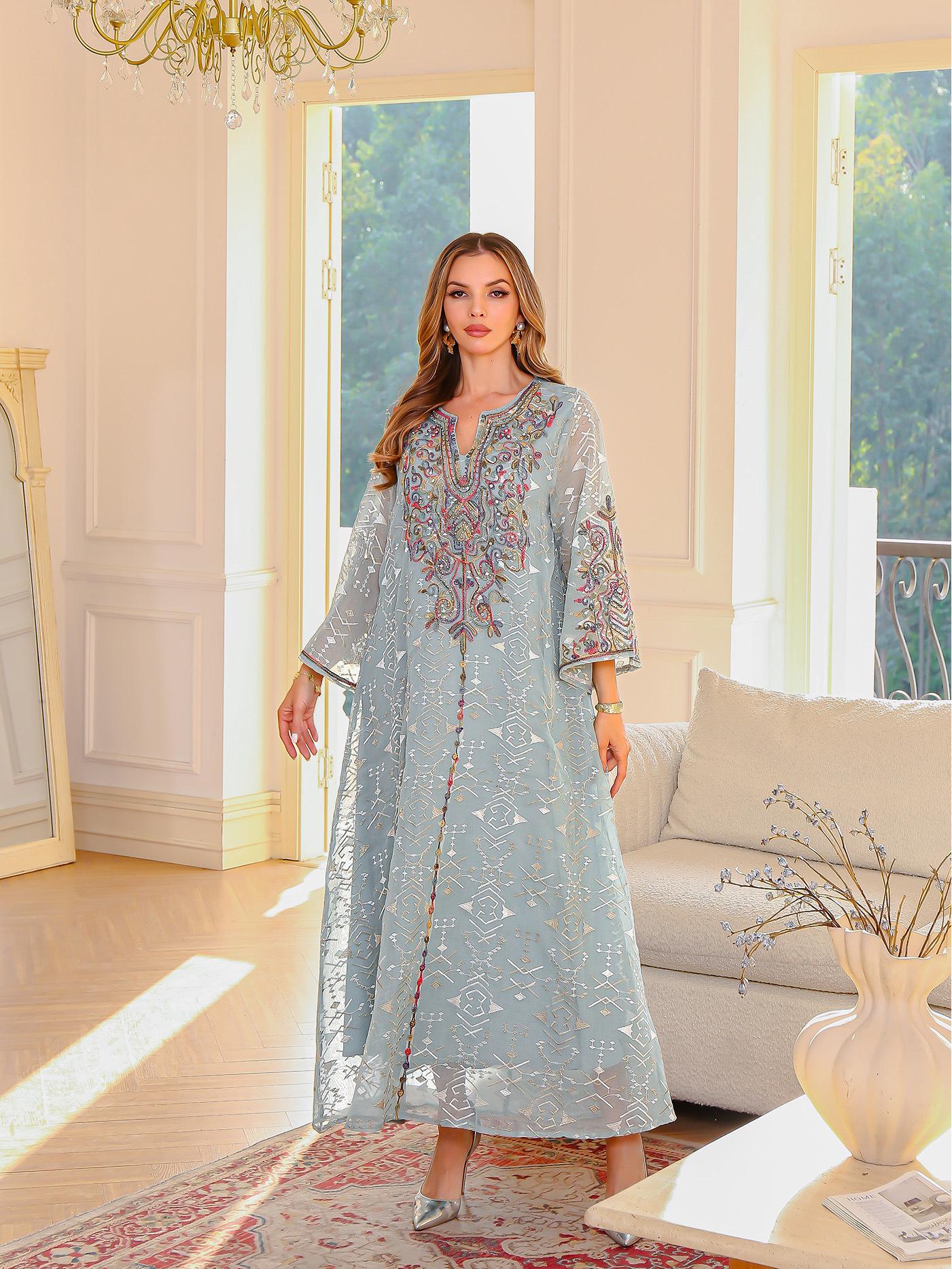 

Embroidery Women s Long Dress - Middle Eastern Muslim Robe, Dubai Abaya Style Extra Extra Large світло-блакитного кольору