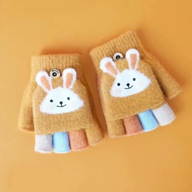 

1 пара теплых детских перчаток с рисунком для мальчиков и девочек, милые перчатки с изображением животных и кроликов, милые теплые варежки на осень и зиму жёлтый