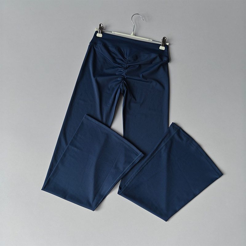 European and American Style Cross-Waist Sexy Ruched Peach Butt Flared Pants High Elasticity Quick-Dry Tight Fitness Pants Wide-Leg Yoga Pants Navy Blue L
