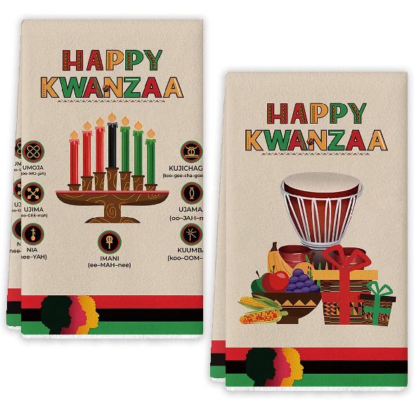 Kwanzaa Kitchen Towels Decorative Set Kinara n Drum Fruit Dish Towels n Heritage Holiday Decor Happy Kwanzaa Decorations for Home