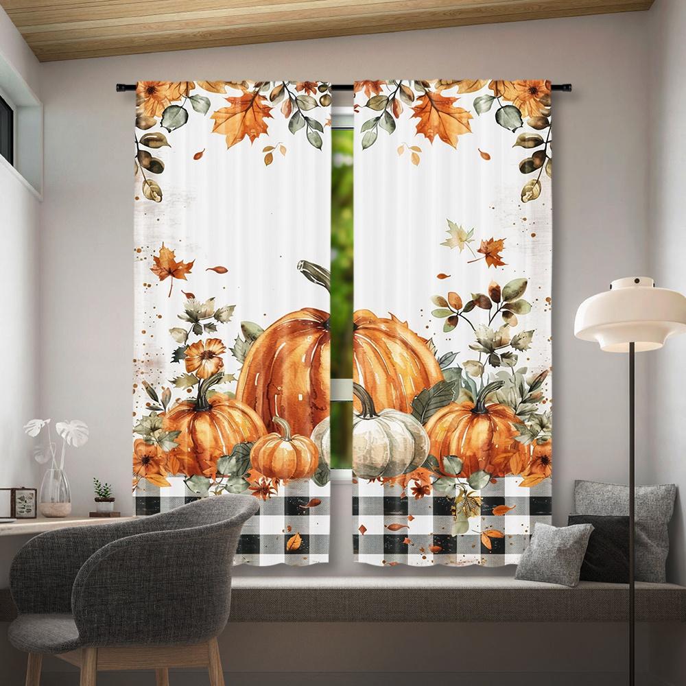 2pcs Set Rustic Autumn Pumpkin & Maple Leaf Curtains - Farmhouse Style Rod Pocket Window Treatments, Digital Printed Polyester f